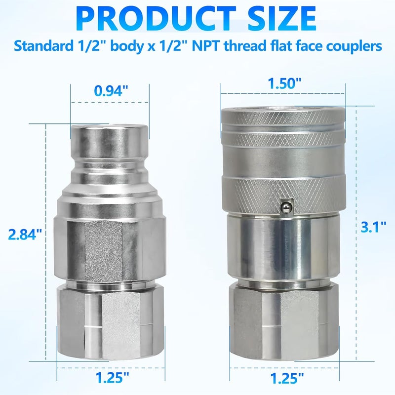Cplbrb 1/2’’ NPT Flat Face Hydraulic Quick Connect Couplers/Couplings with Dust Caps, The Universal Bobcat Flat Face Quick Connect Fittings with with 1/2’’ Body ISO 16028 Standard-2Set - Image 5